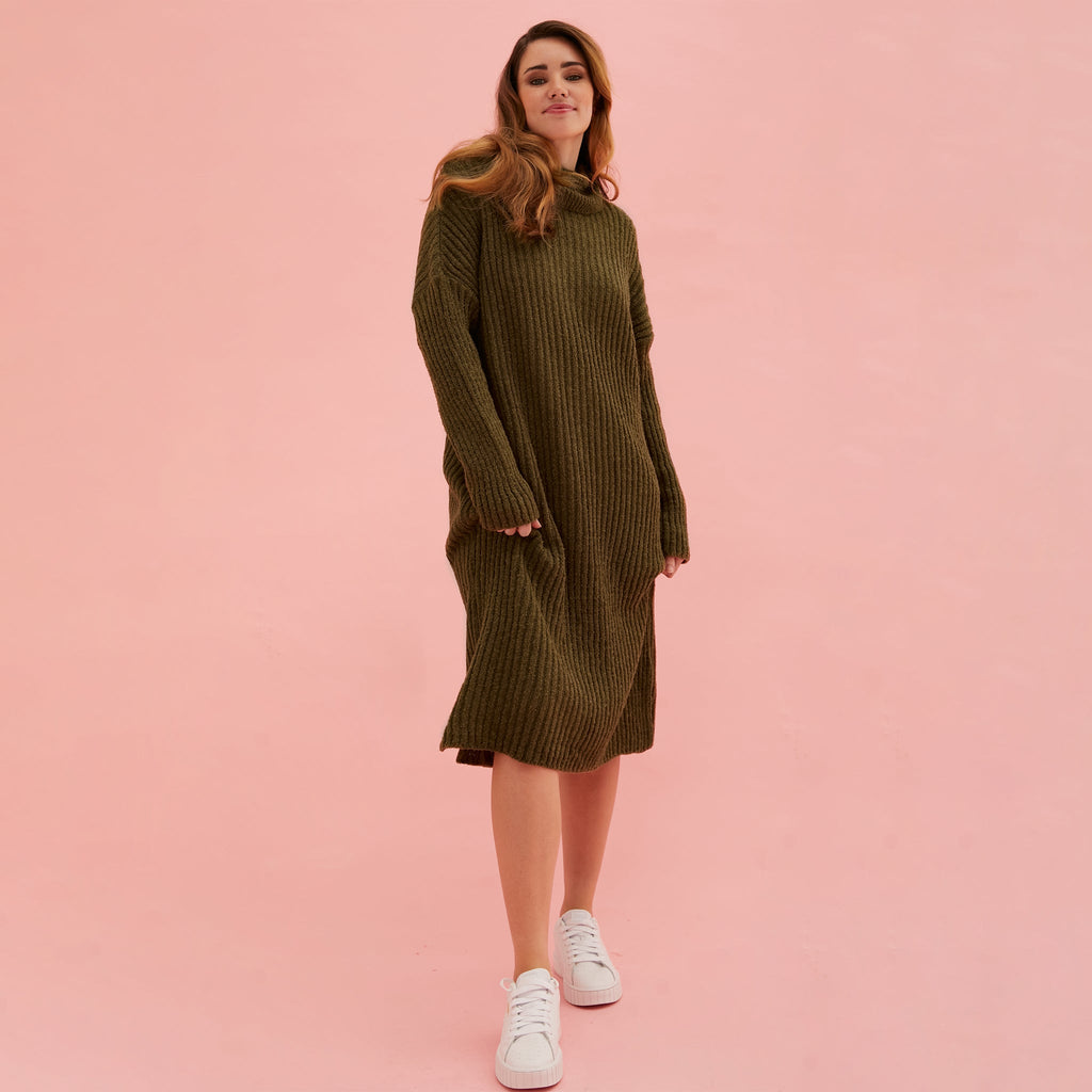 Joey Roll Neck Midi Dress - Khaki - Cara & The Sky