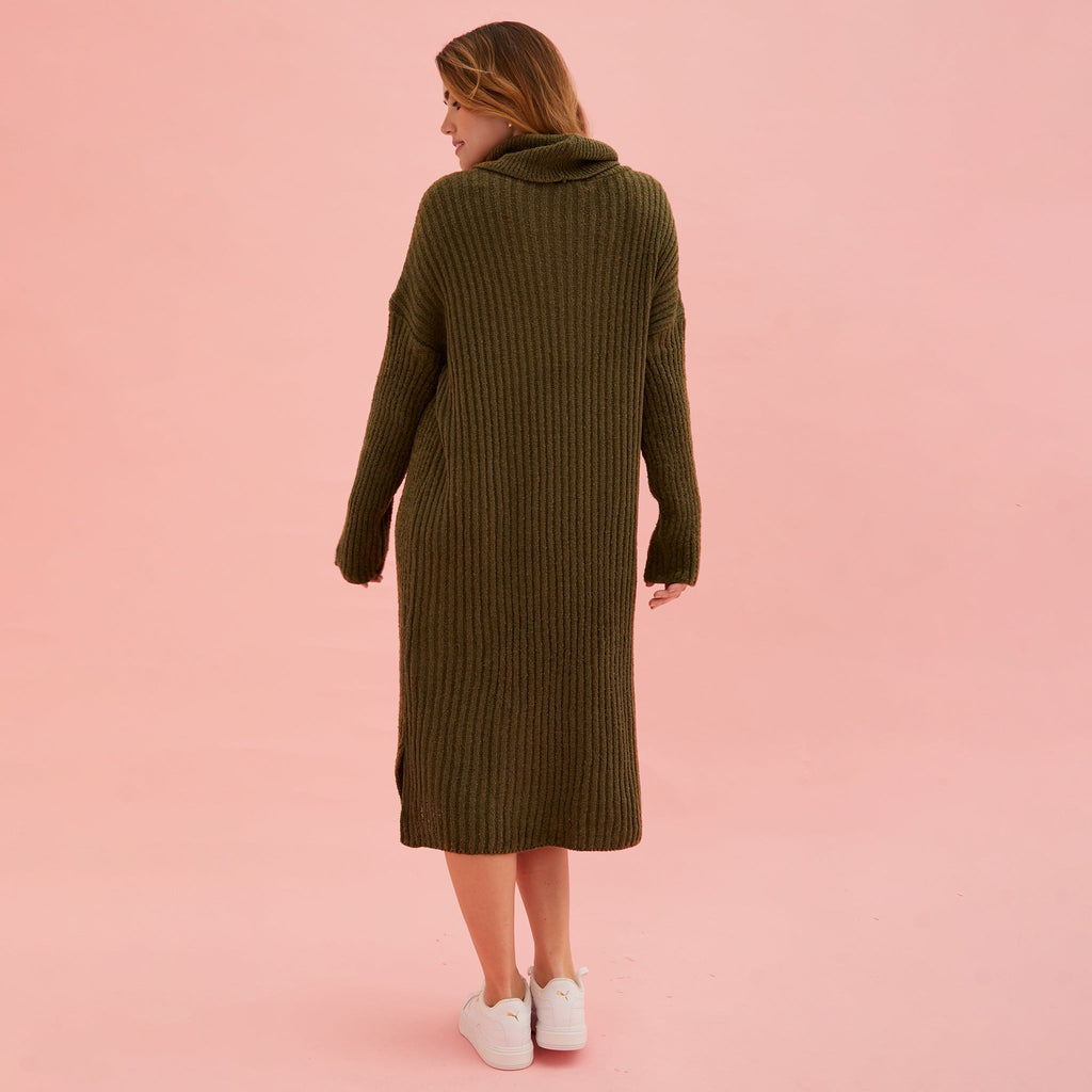 Joey Roll Neck Midi Dress - Khaki - Cara & The Sky