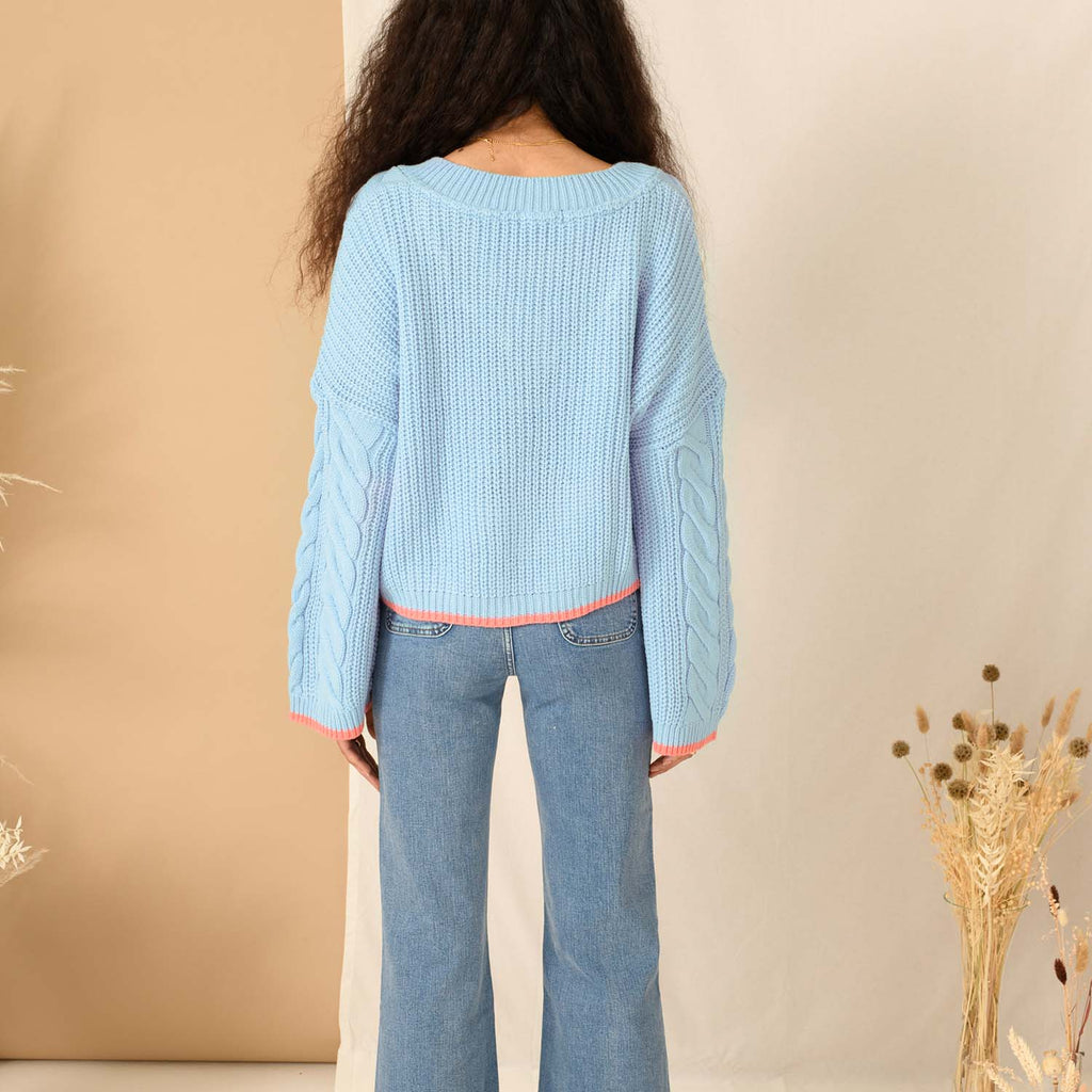 Katrina Cable V-Neck Jumper - Blue - Cara & The Sky