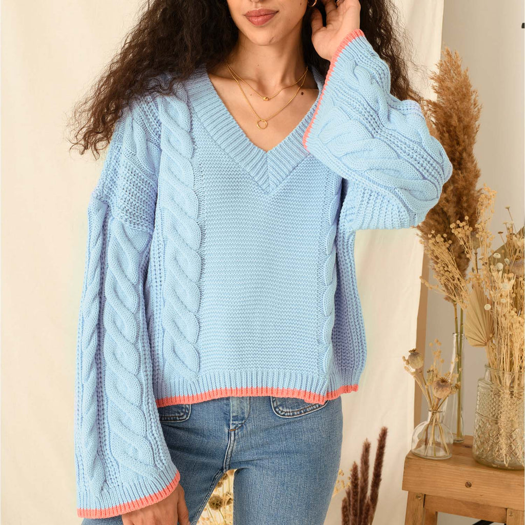 Katrina Cable V-Neck Jumper - Blue - Cara & The Sky