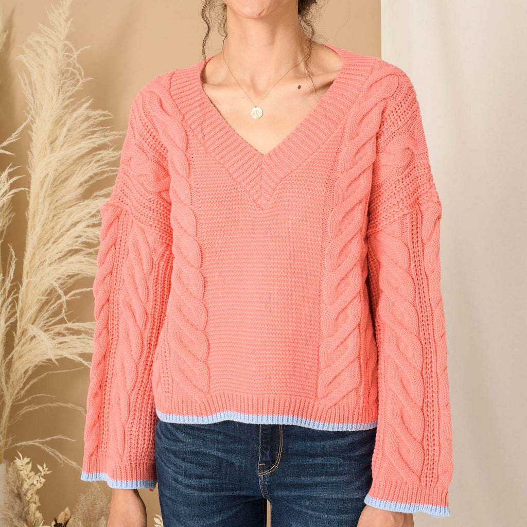 Katrina Cable V-Neck Jumper - Coral - Cara & The Sky