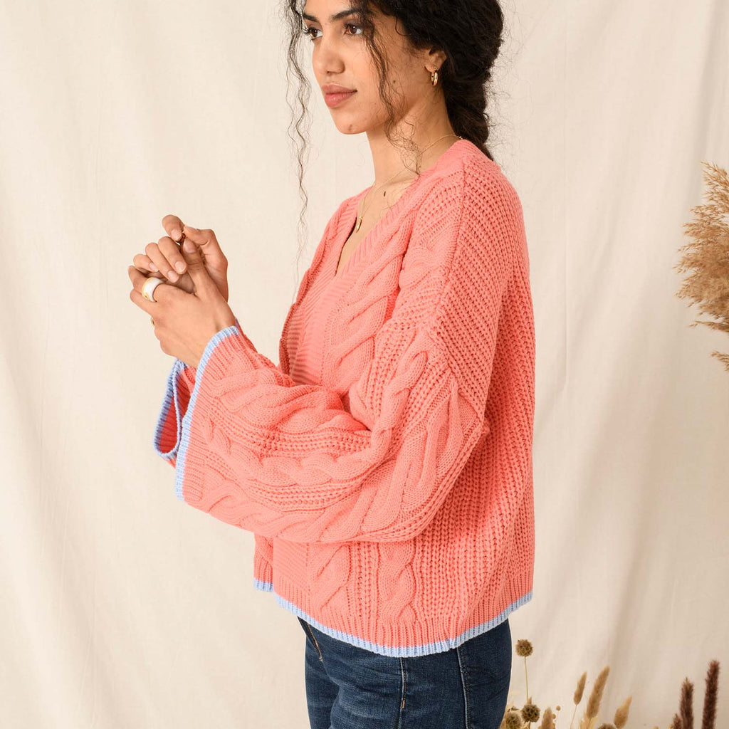 Katrina Cable V-Neck Jumper - Coral - Cara & The Sky