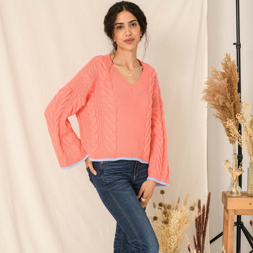 Katrina Cable V-Neck Jumper - Coral - Cara & The Sky