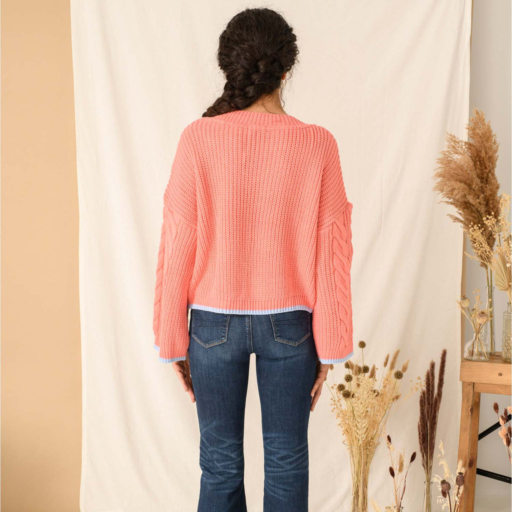 Katrina Cable V-Neck Jumper - Coral - Cara & The Sky