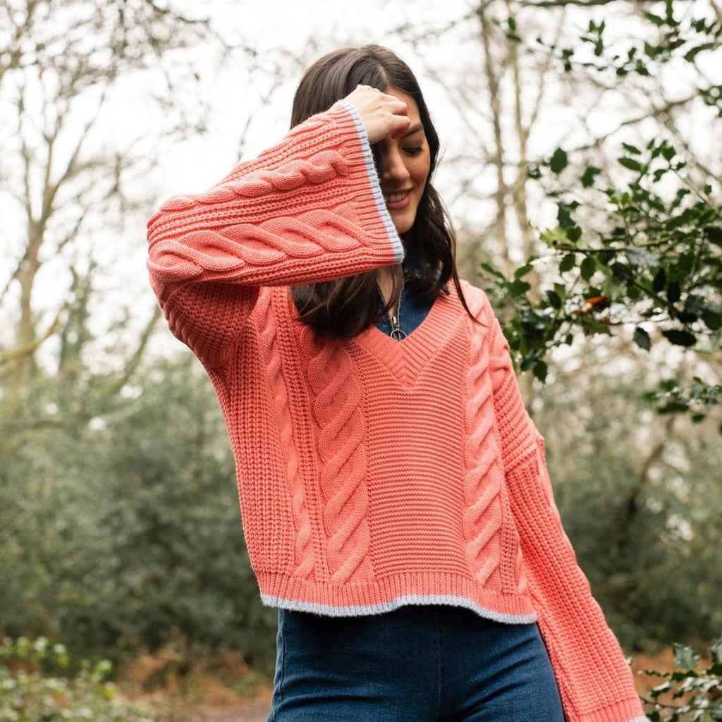 Katrina Cable V-Neck Jumper - Coral - Cara & The Sky