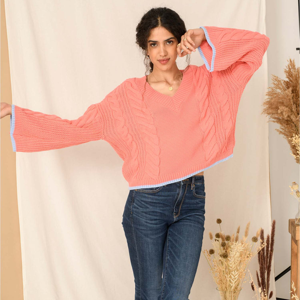 Katrina Cable V-Neck Jumper - Coral - Cara & The Sky