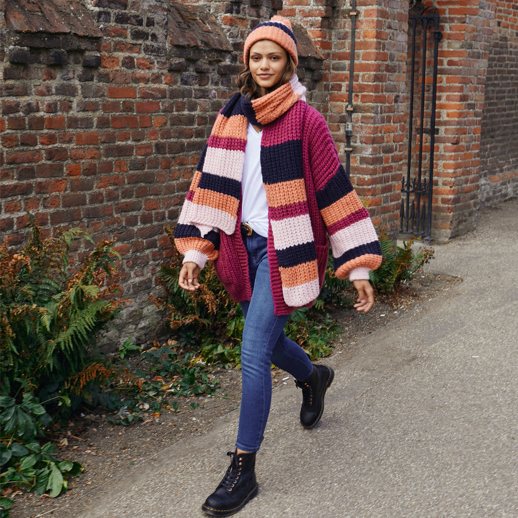 Leia Stripe Oversized Chunky Scarf - Berry - Cara & The Sky