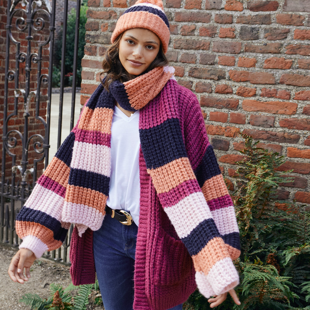 Leia Stripe Oversized Chunky Scarf - Berry - Cara & The Sky