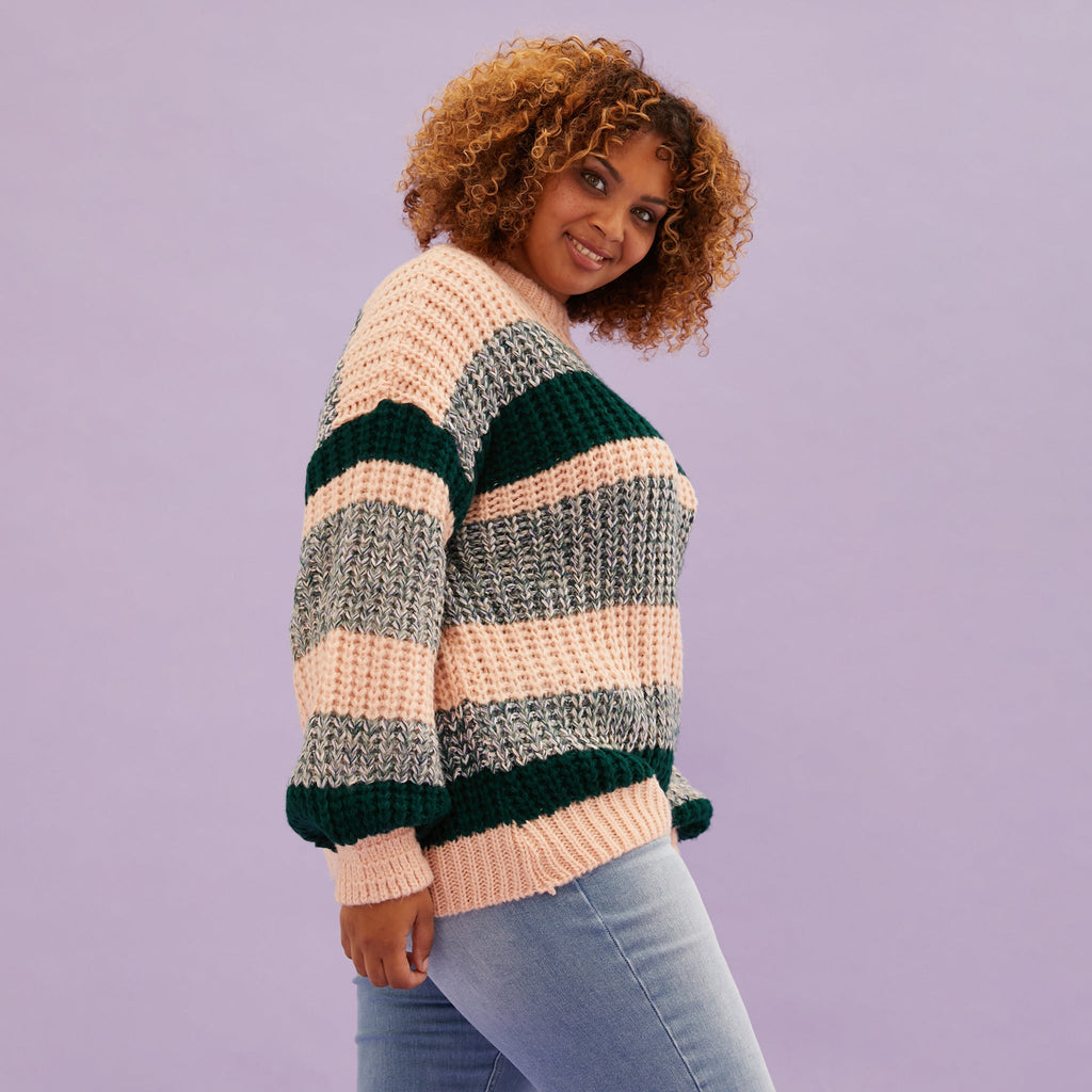 Louise Stripe Balloon Sleeve Jumper - Bottle Green - Cara & The Sky