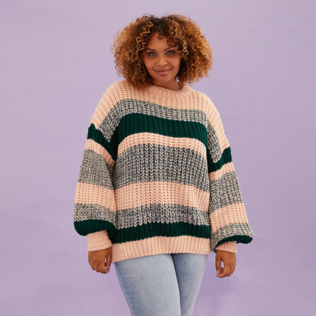 Louise Stripe Balloon Sleeve Jumper - Bottle Green - Cara & The Sky