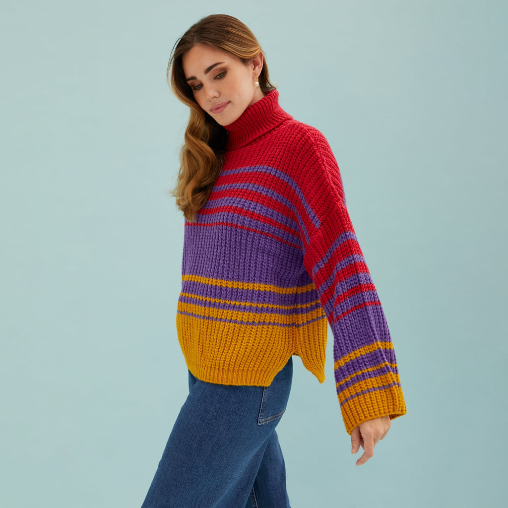 Megan Roll Neck Stripe Jumper - Cherry Red - Cara & The Sky