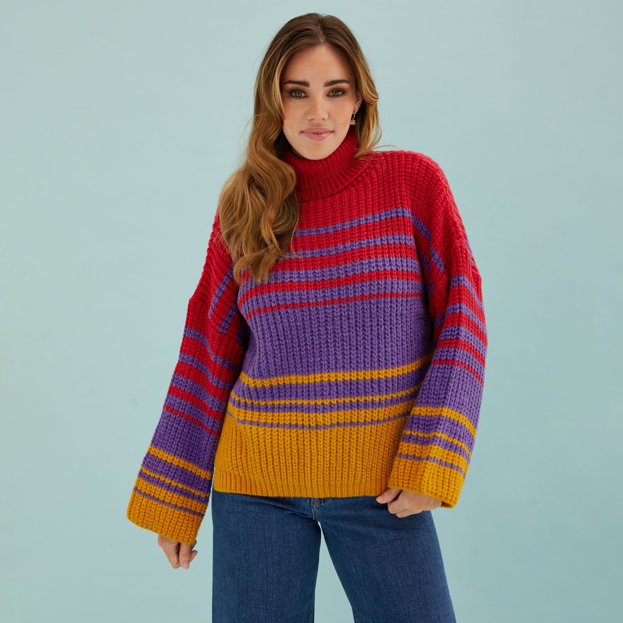 Megan Roll Neck Stripe Jumper Cherry Red
