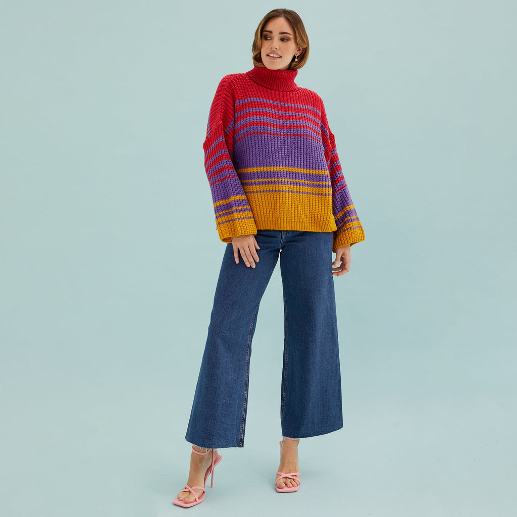 Megan Roll Neck Stripe Jumper - Cherry Red - Cara & The Sky