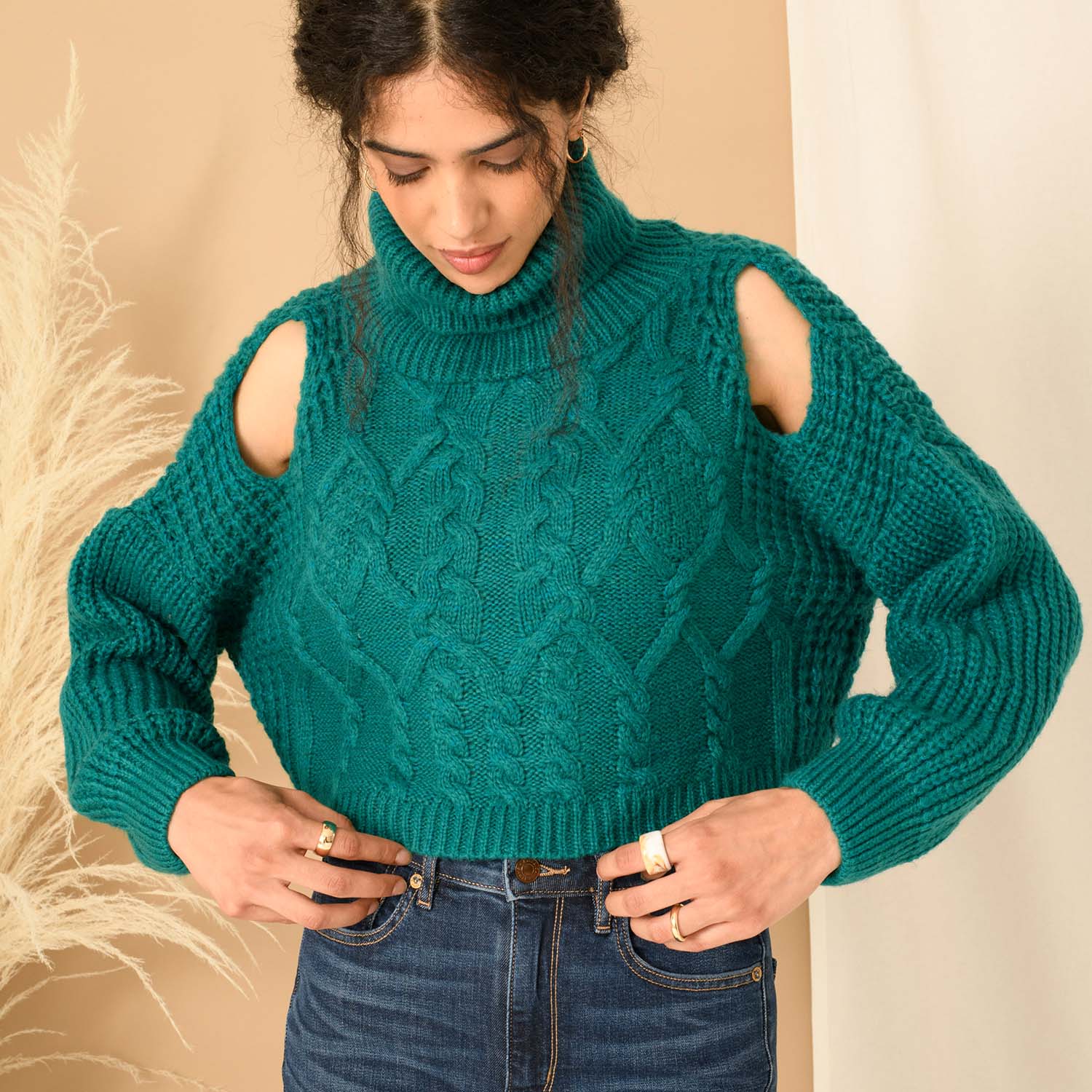 Mimi Crop Teal Cable Knit Jumper Cara The Sky