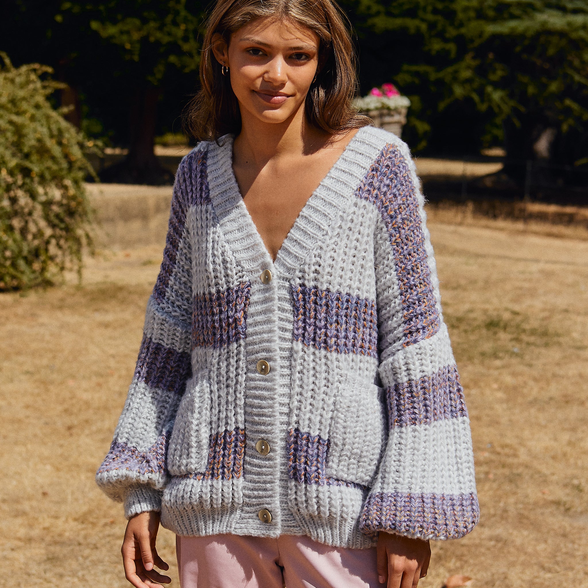 Olivia Stripe Chunky Cardigan Buttons Silver
