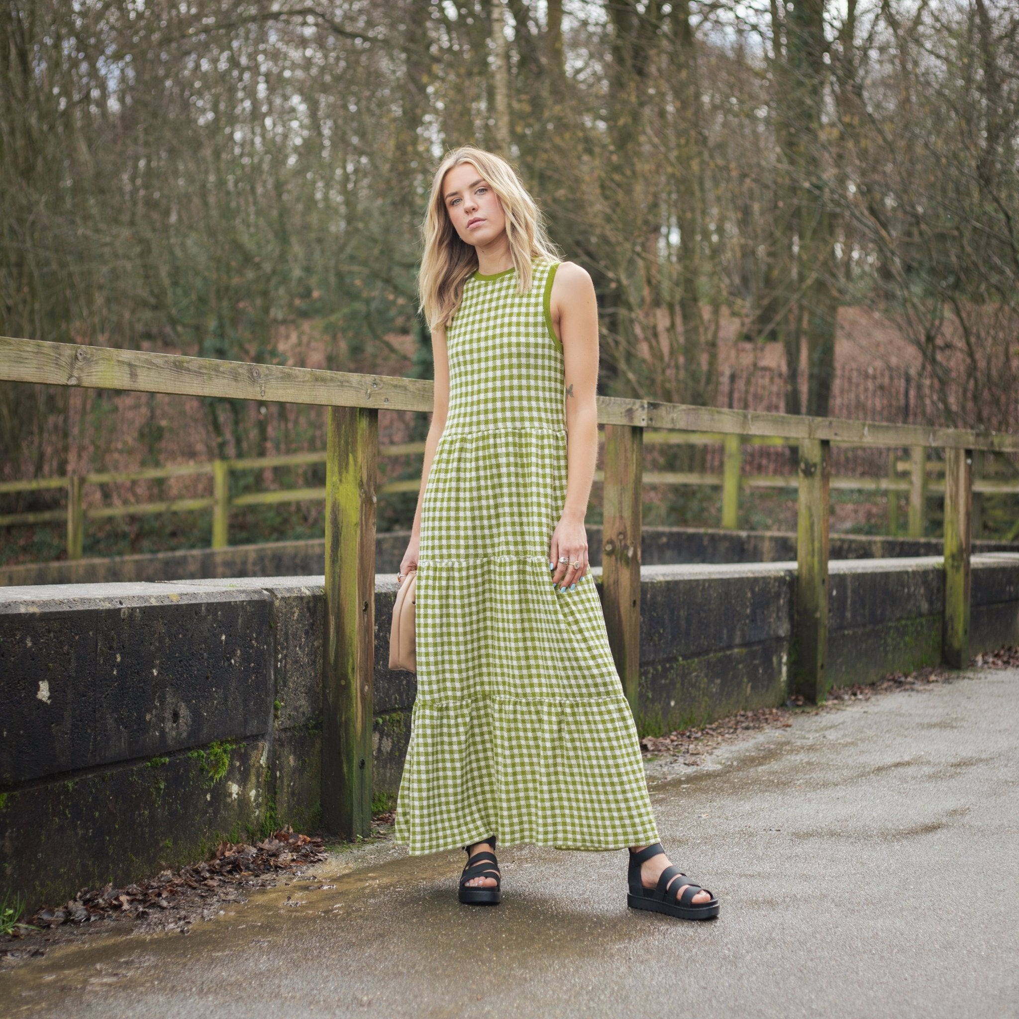 green gingham maxi dress Paula Cotton Knitted - YGroup_colourway-joyce Modal Ruched A-Line Mini Equal parts sweet and COLOR:SANDSTONE COLORBLOCK