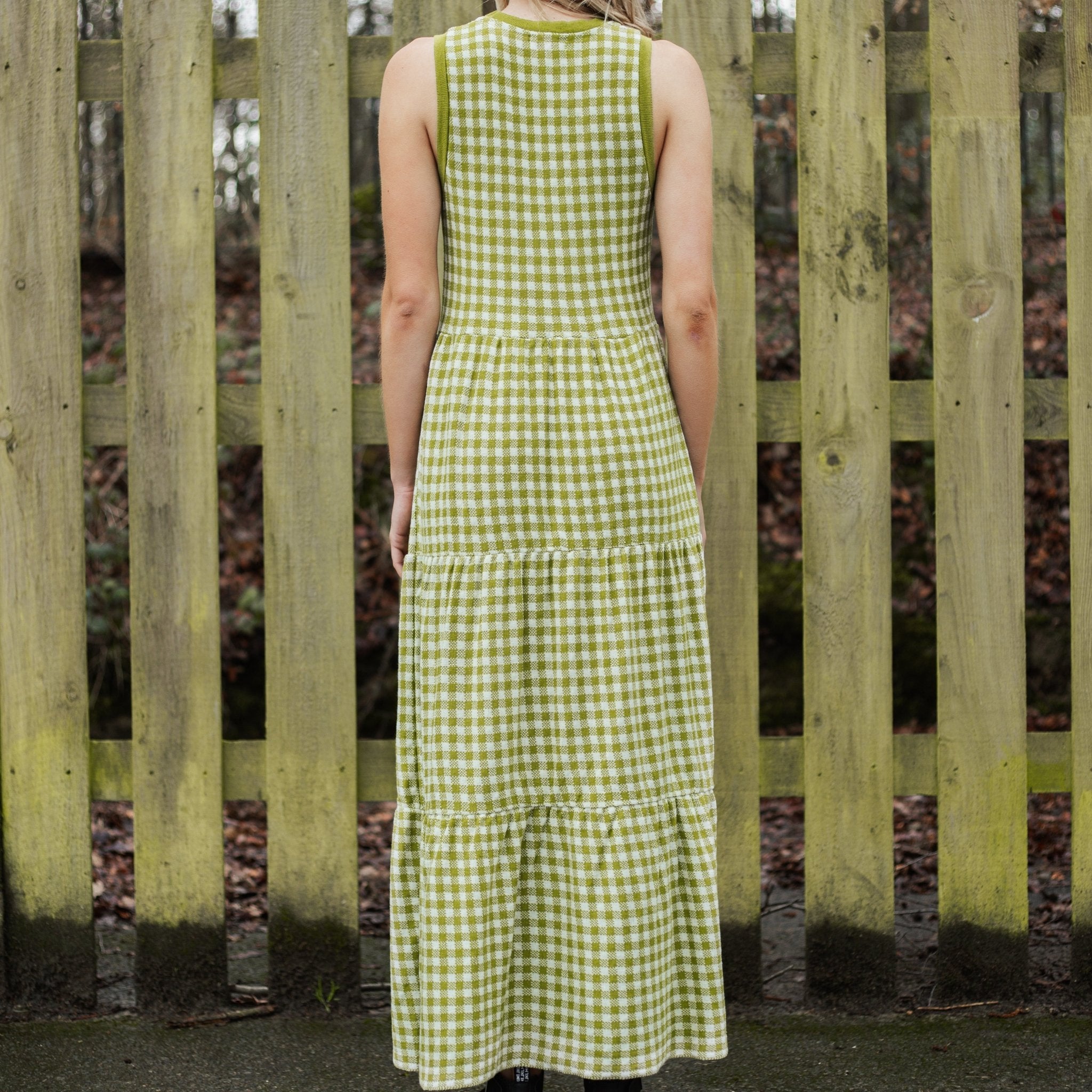 Paula Gingham Cotton Knitted Maxi Dress - Green | Cara & The Sky Paula Gingham Cotton Knitted Maxi Dress - Green | Cara & The Sky