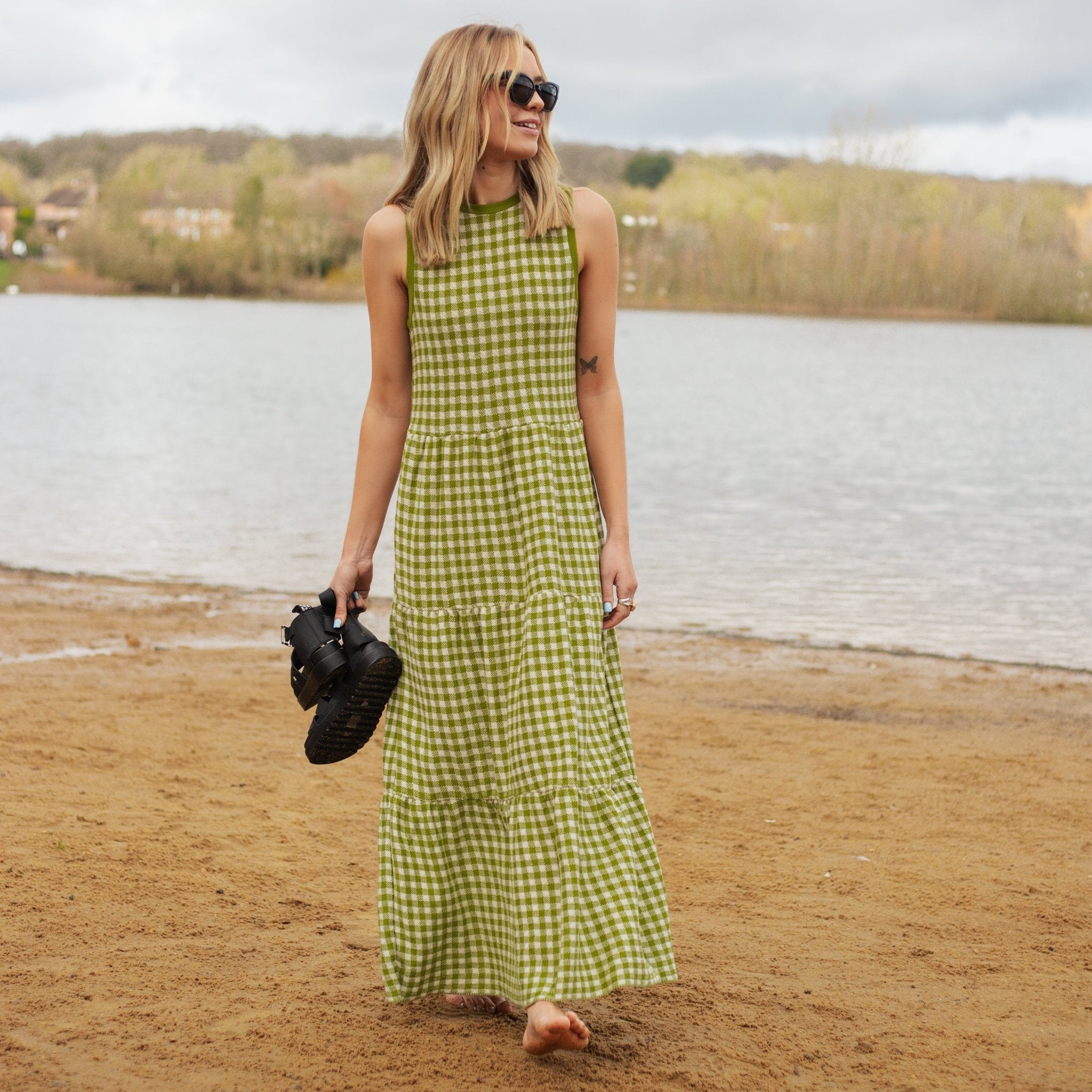 Paula Gingham Cotton Knitted Maxi Dress - Green | Cara & The Sky Paula Gingham Cotton Knitted Maxi Dress - Green | Cara & The Sky