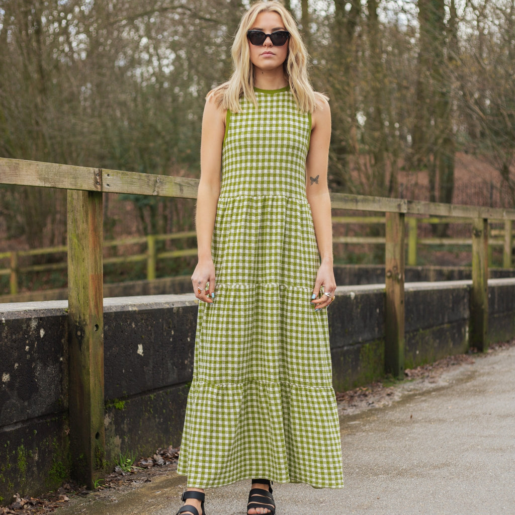 Paula Gingham Cotton Knitted Midi Dress - Green - Cara & The Sky