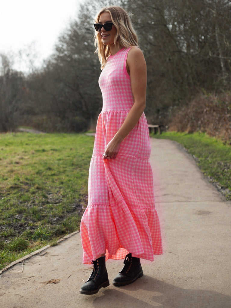 Paula Gingham Cotton Knitted Midi Dress - Hot Pink - Cara & The Sky