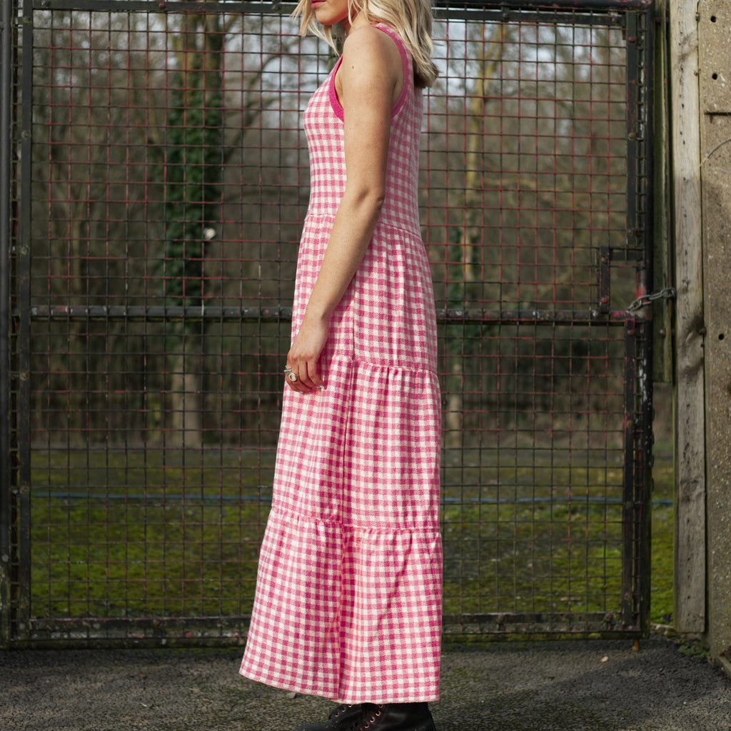 Paula Gingham Cotton Knitted Midi Dress - Hot Pink - Cara & The Sky