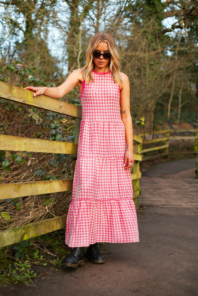 Paula Gingham Cotton Knitted Midi Dress - Hot Pink - Cara & The Sky