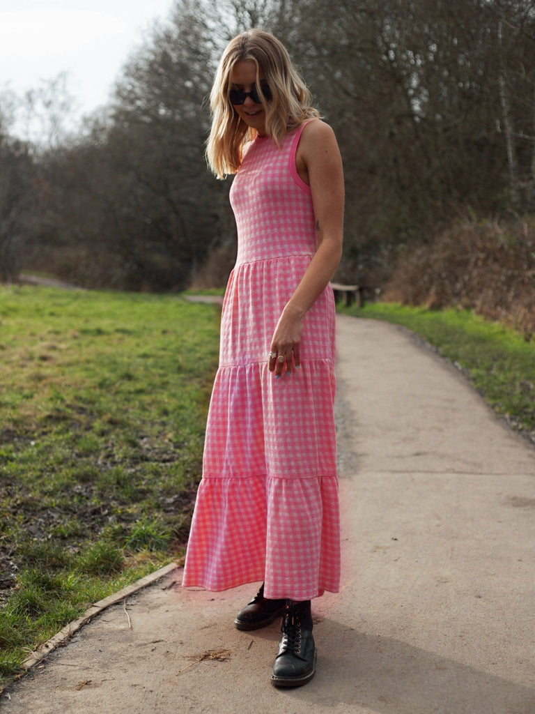 Paula Gingham Cotton Knitted Midi Dress - Hot Pink - Cara & The Sky