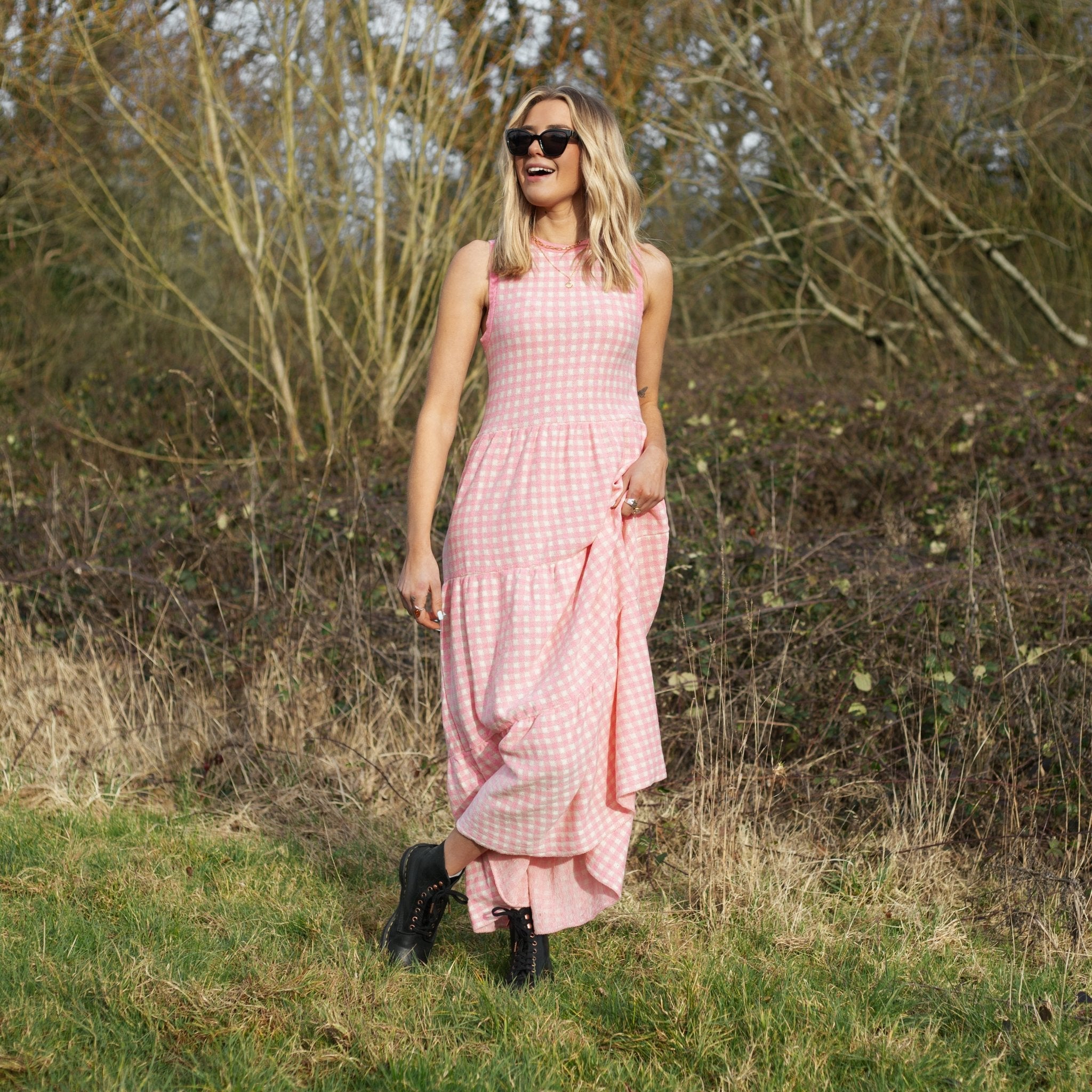 Paula Gingham Cotton Knitted Maxi Dress - Light Pink | Cara & The Sky Paula Gingham Cotton Knitted Maxi Dress - Light Pink | Cara & The Sky