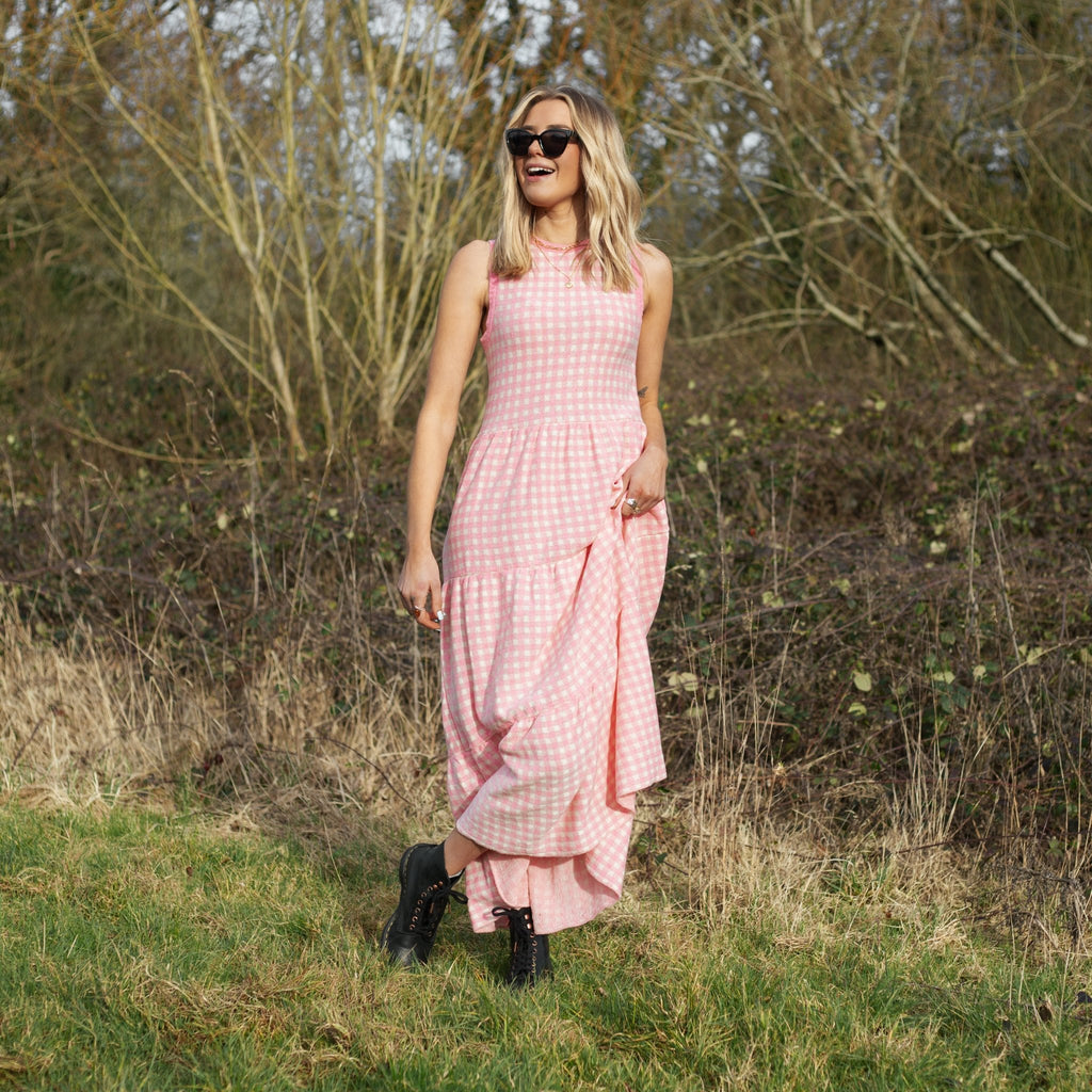 Paula Gingham Cotton Knitted Midi Dress - Soft Pink - Cara & The Sky