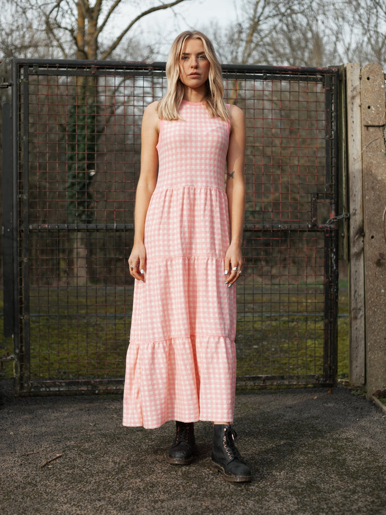 Paula Gingham Cotton Knitted Midi Dress - Soft Pink - Cara & The Sky