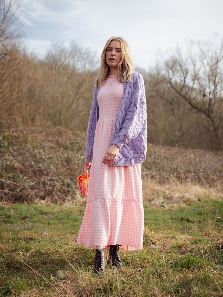 Paula Gingham Cotton Knitted Midi Dress - Soft Pink - Cara & The Sky