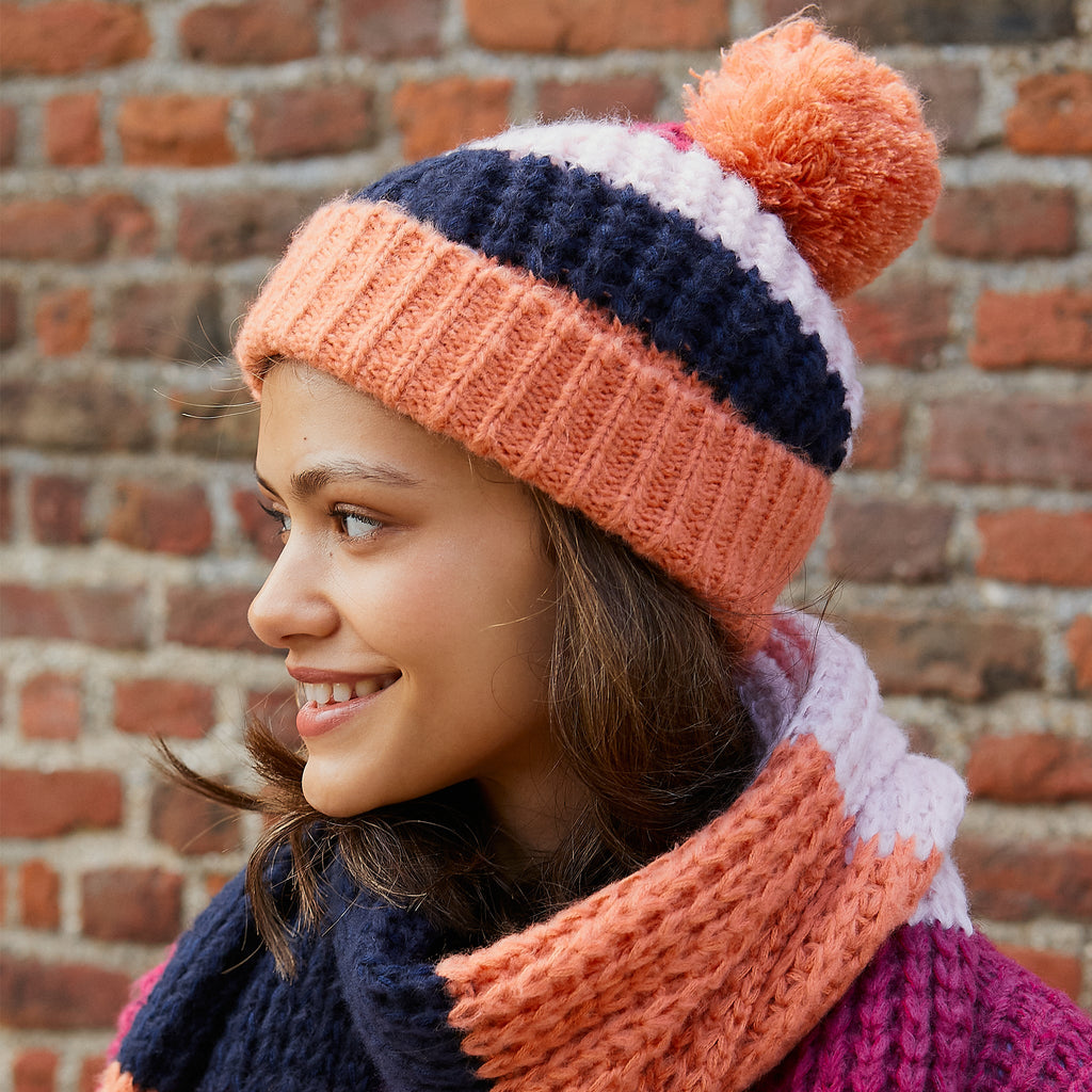 Phoebe Stripe Beanie Bobble Hat - Berry - Cara & The Sky