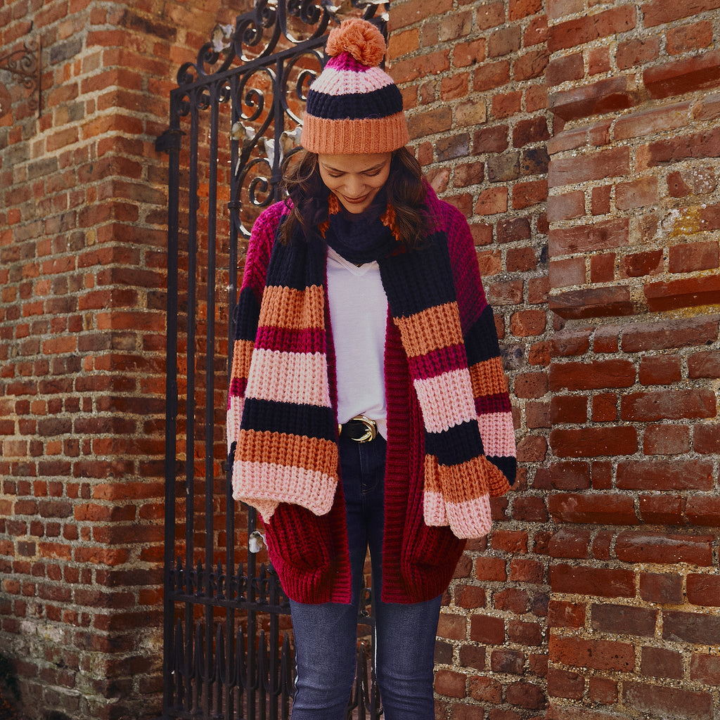 Phoebe Stripe Beanie Bobble Hat - Berry - Cara & The Sky