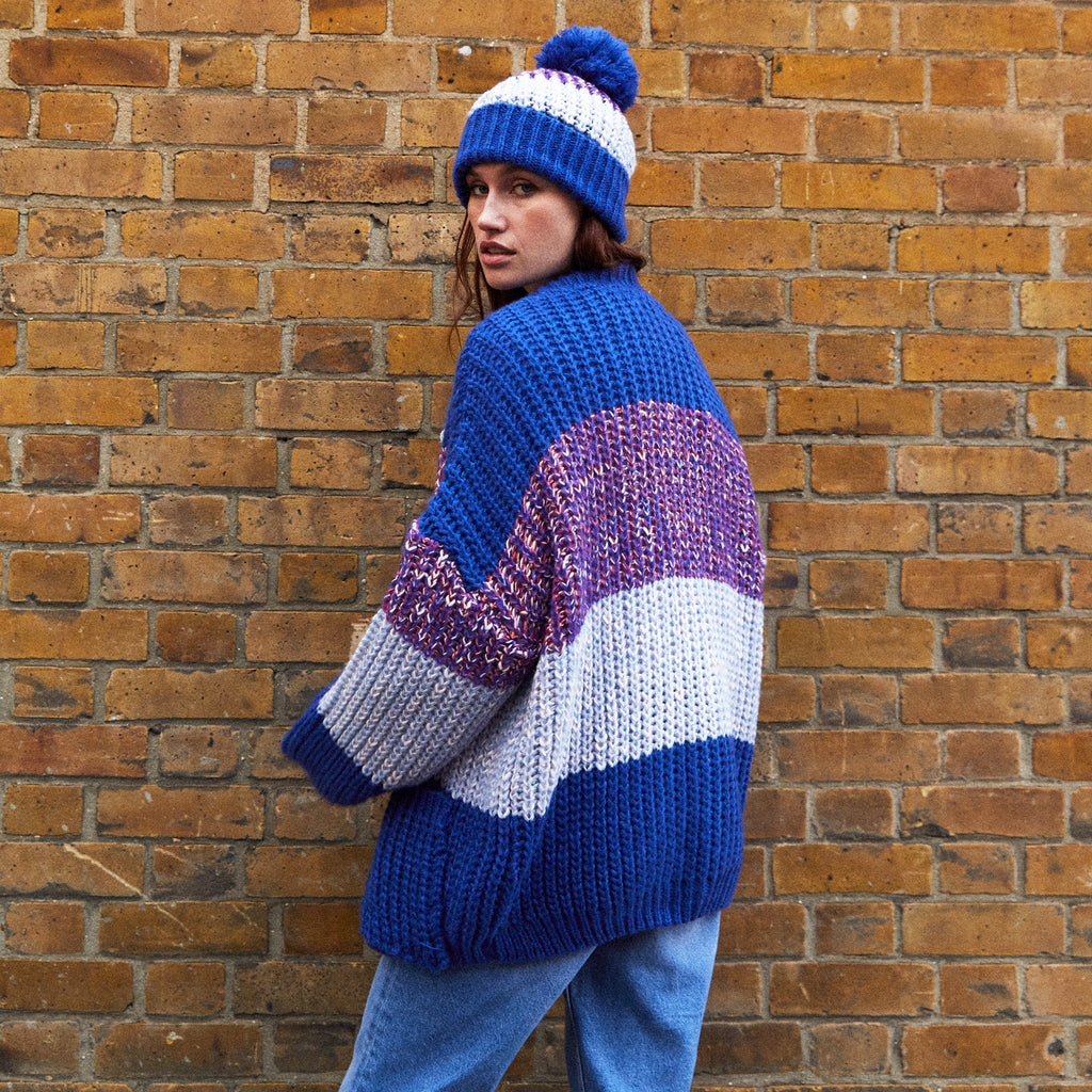 Phoebe Stripe Beanie Bobble Hat - Cobalt Blue - Cara & The Sky