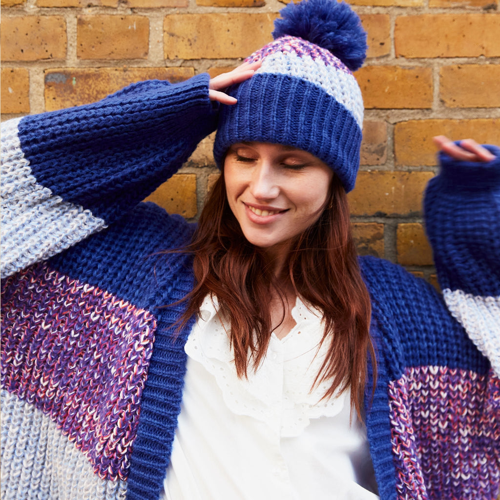 Phoebe Stripe Beanie Bobble Hat - Cobalt Blue - Cara & The Sky