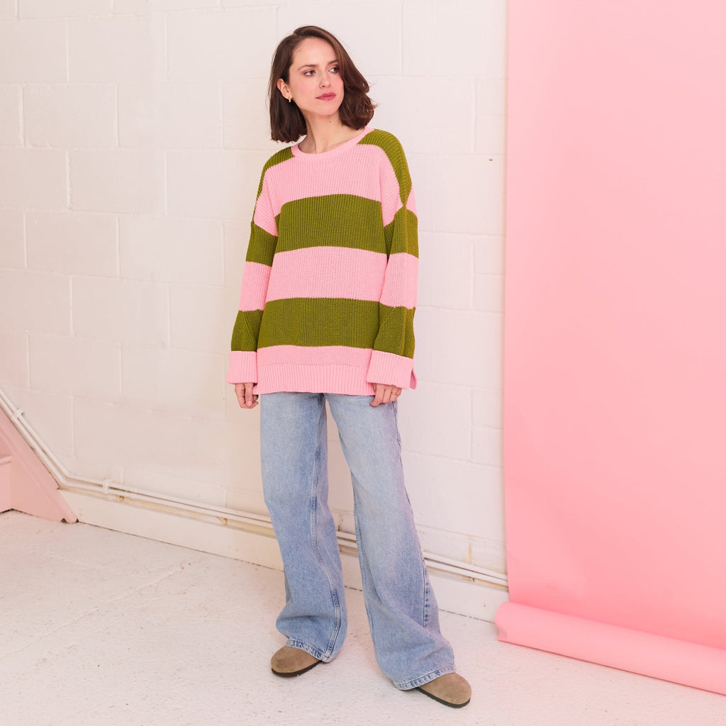 Rhiannon Recycled Cotton Mix Chunky Stripe Jumper - Pink and Green - Cara & The Sky