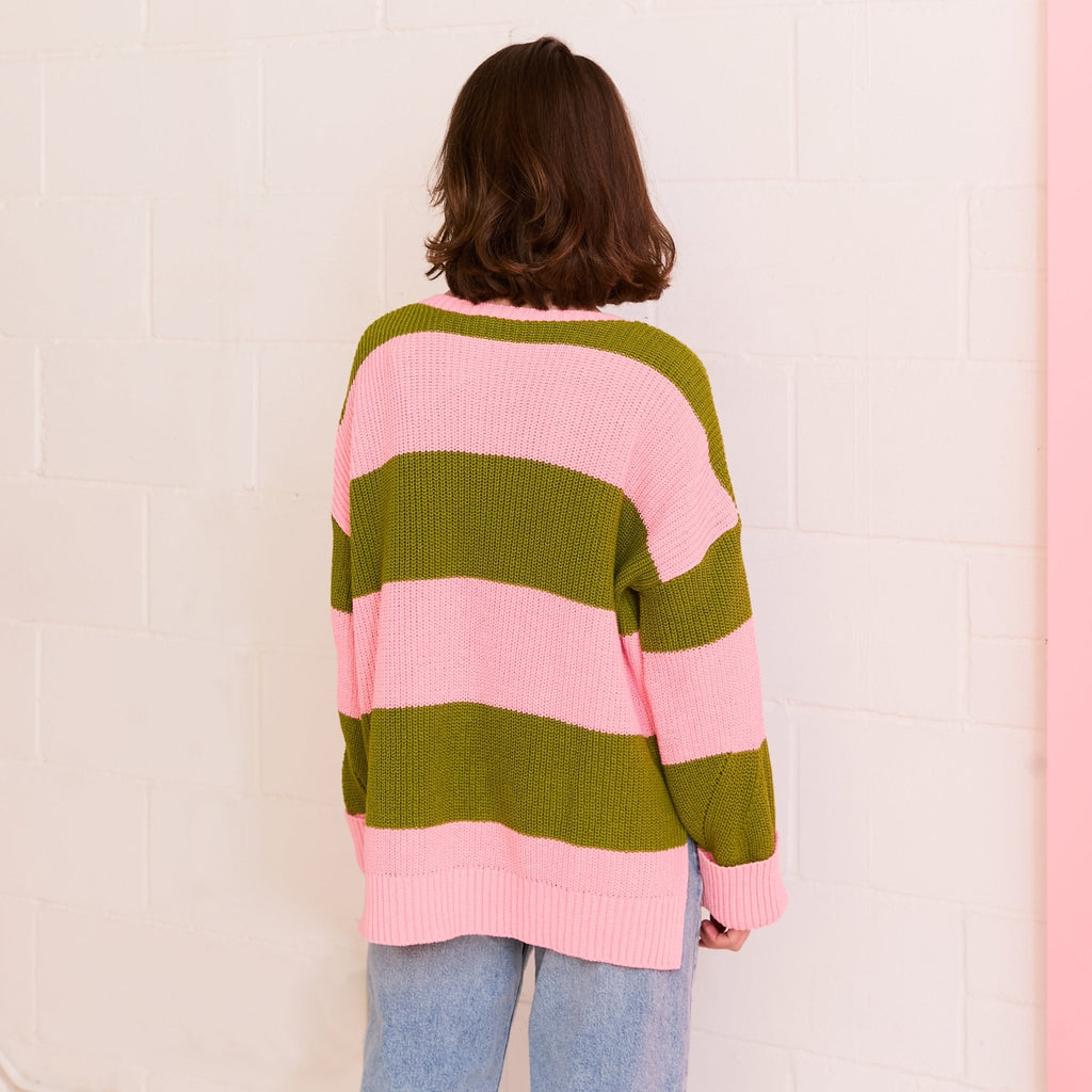 Rhiannon Recycled Cotton Mix Chunky Stripe Jumper - Pink and Green - Cara & The Sky