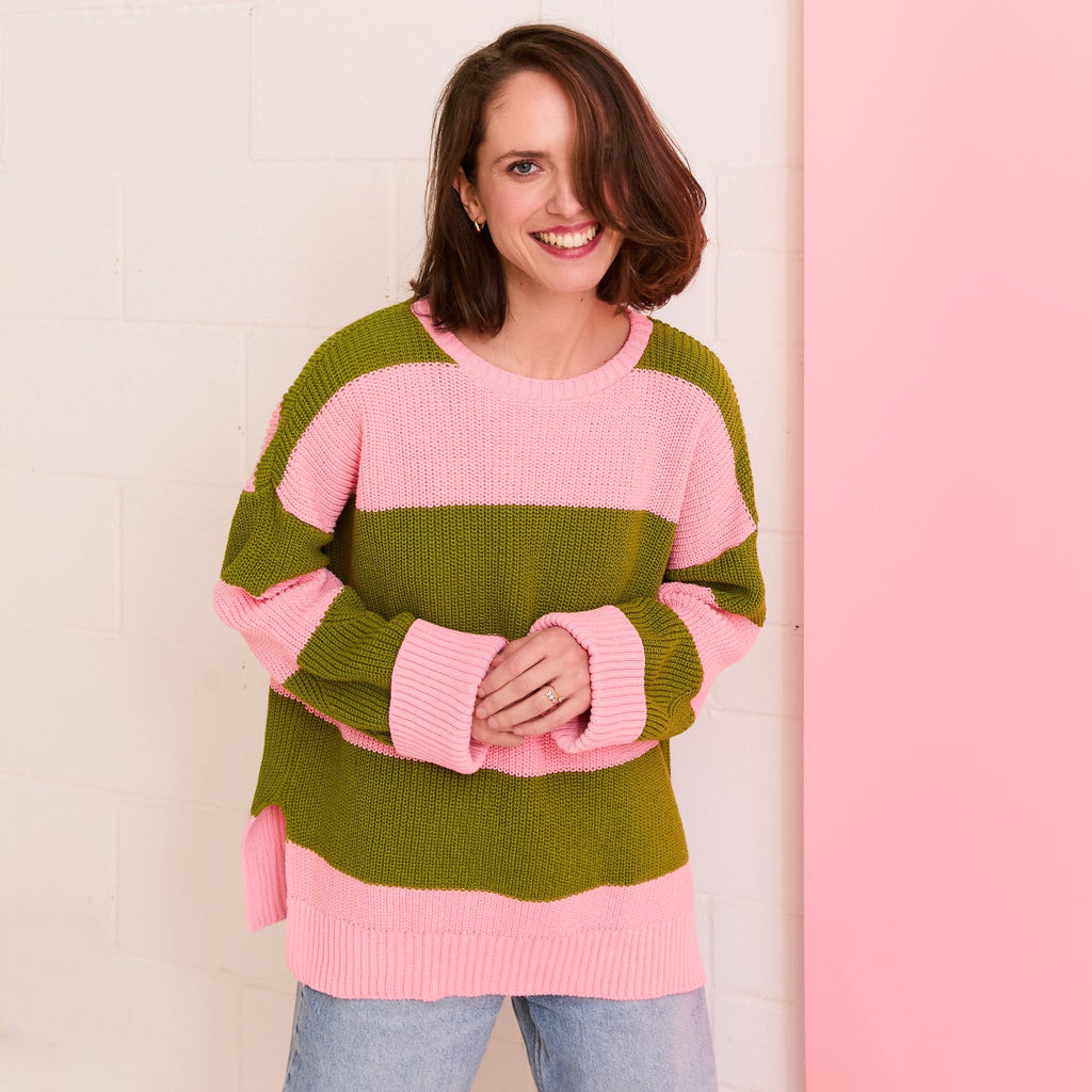 Rhiannon Recycled Cotton Mix Chunky Stripe Jumper - Pink and Green - Cara & The Sky