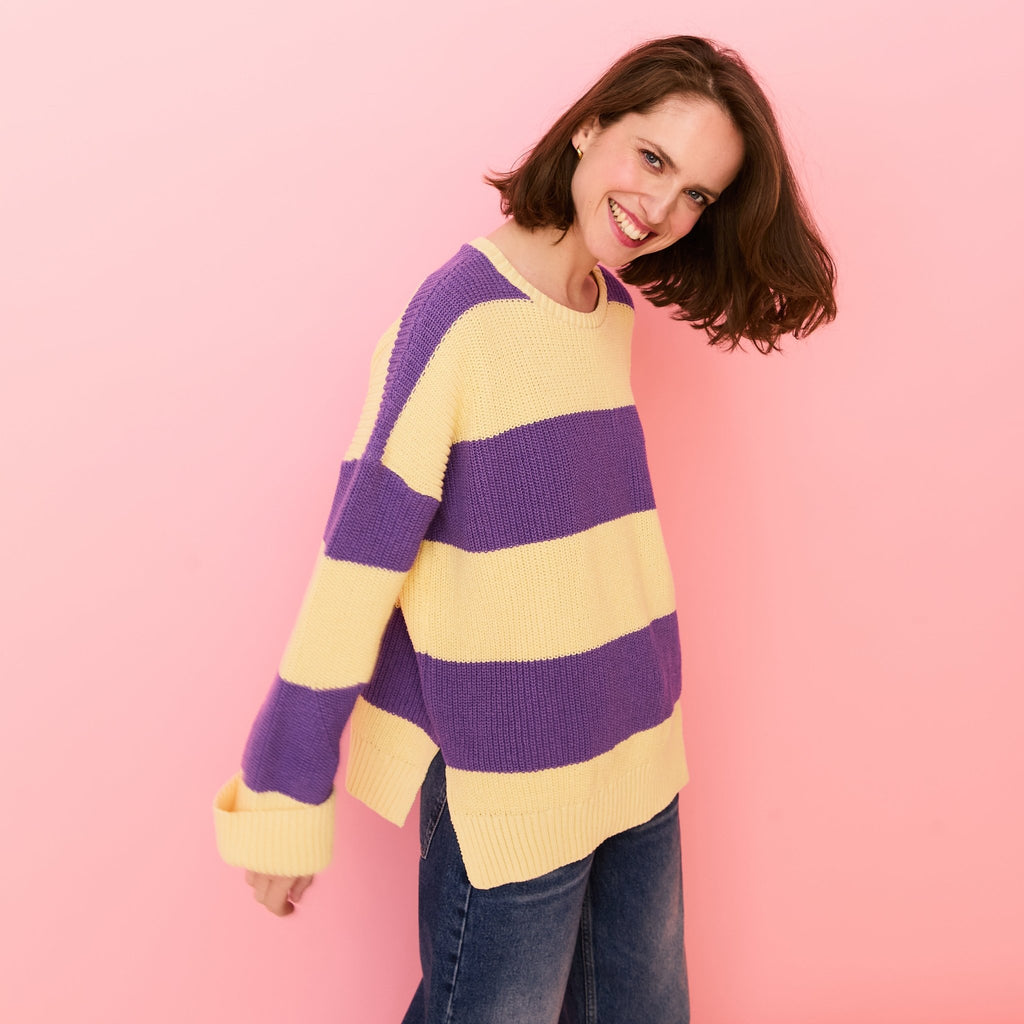 Rhiannon Recycled Cotton Mix Chunky Stripe Jumper - Purple and Yellow - Cara & The Sky