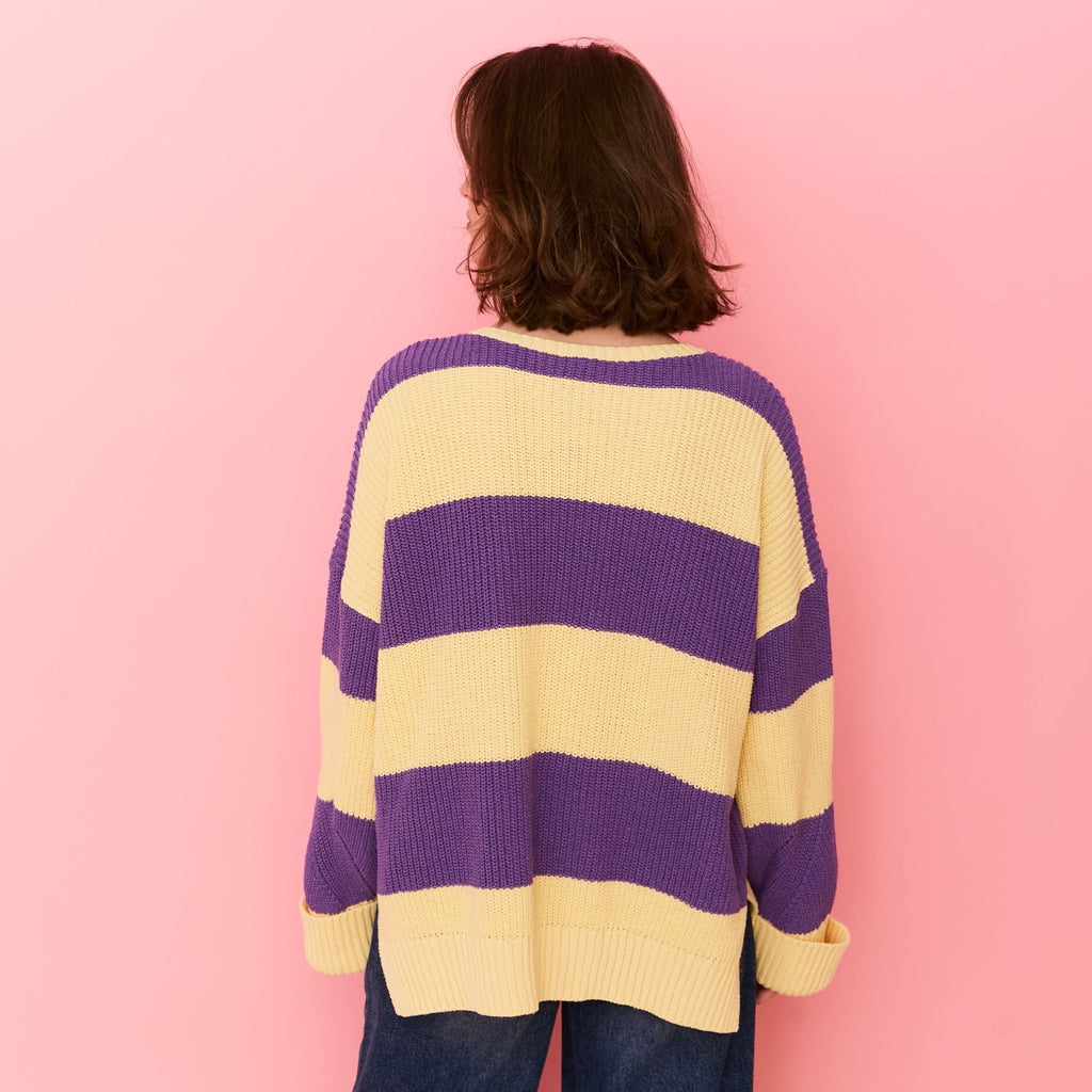 Rhiannon Recycled Cotton Mix Chunky Stripe Jumper - Purple and Yellow - Cara & The Sky