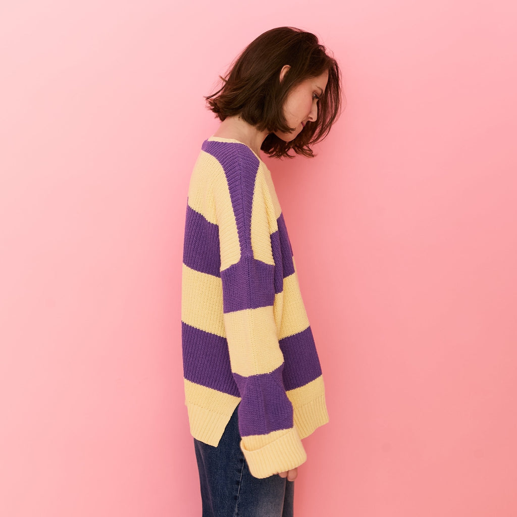 Rhiannon Recycled Cotton Mix Chunky Stripe Jumper - Purple and Yellow - Cara & The Sky