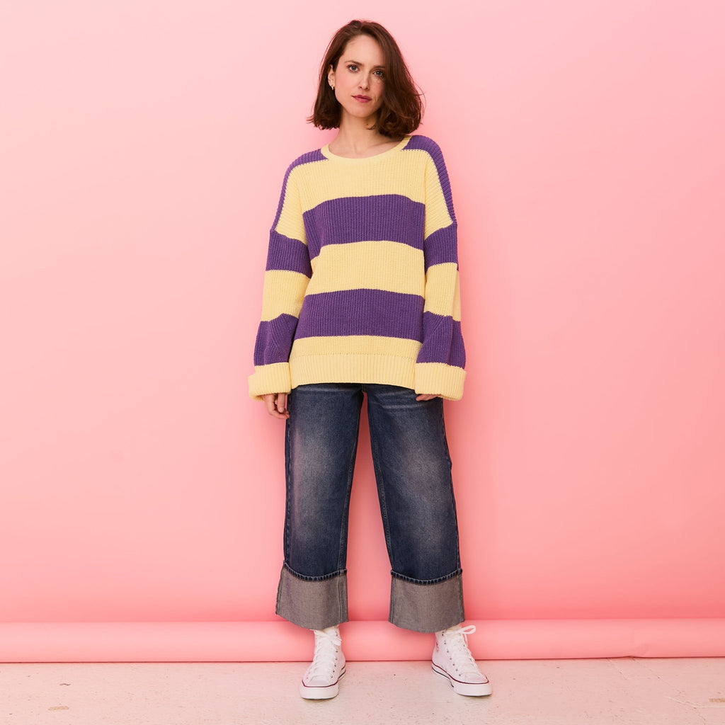 Rhiannon Recycled Cotton Mix Chunky Stripe Jumper - Purple and Yellow - Cara & The Sky