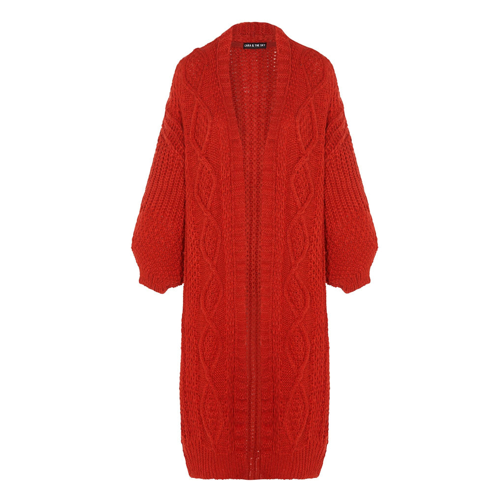 Stevie Cable Balloon Sleeve Maxi Cardigan - Burnt Orange - Cara & The Sky