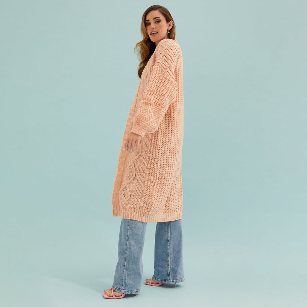 Stevie Cable Balloon Sleeve Maxi Cardigan - Peach - Cara & The Sky