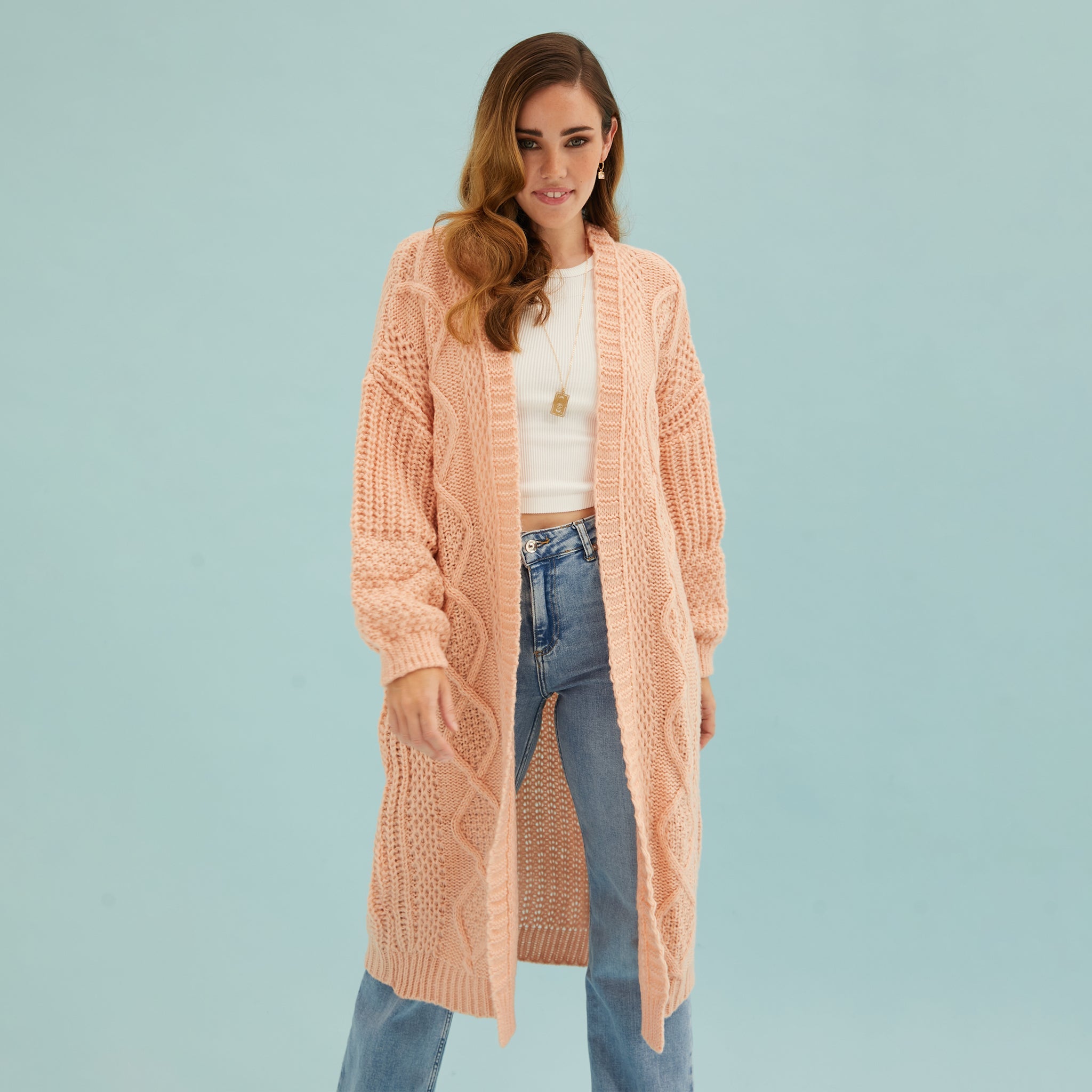 Stevie Cable Balloon Sleeve Long Cardigan