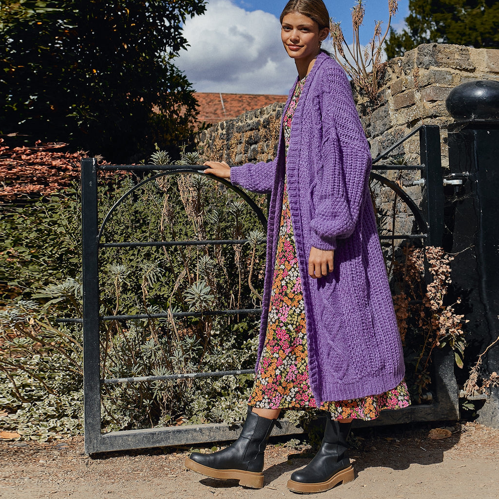 Stevie Cable Balloon Sleeve Maxi Cardigan - Purple - Cara & The Sky