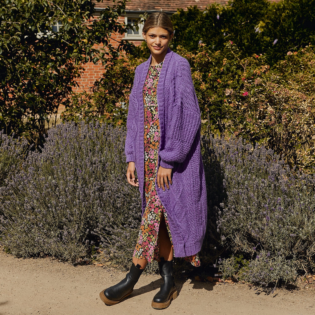 Stevie Cable Balloon Sleeve Maxi Cardigan - Purple - Cara & The Sky