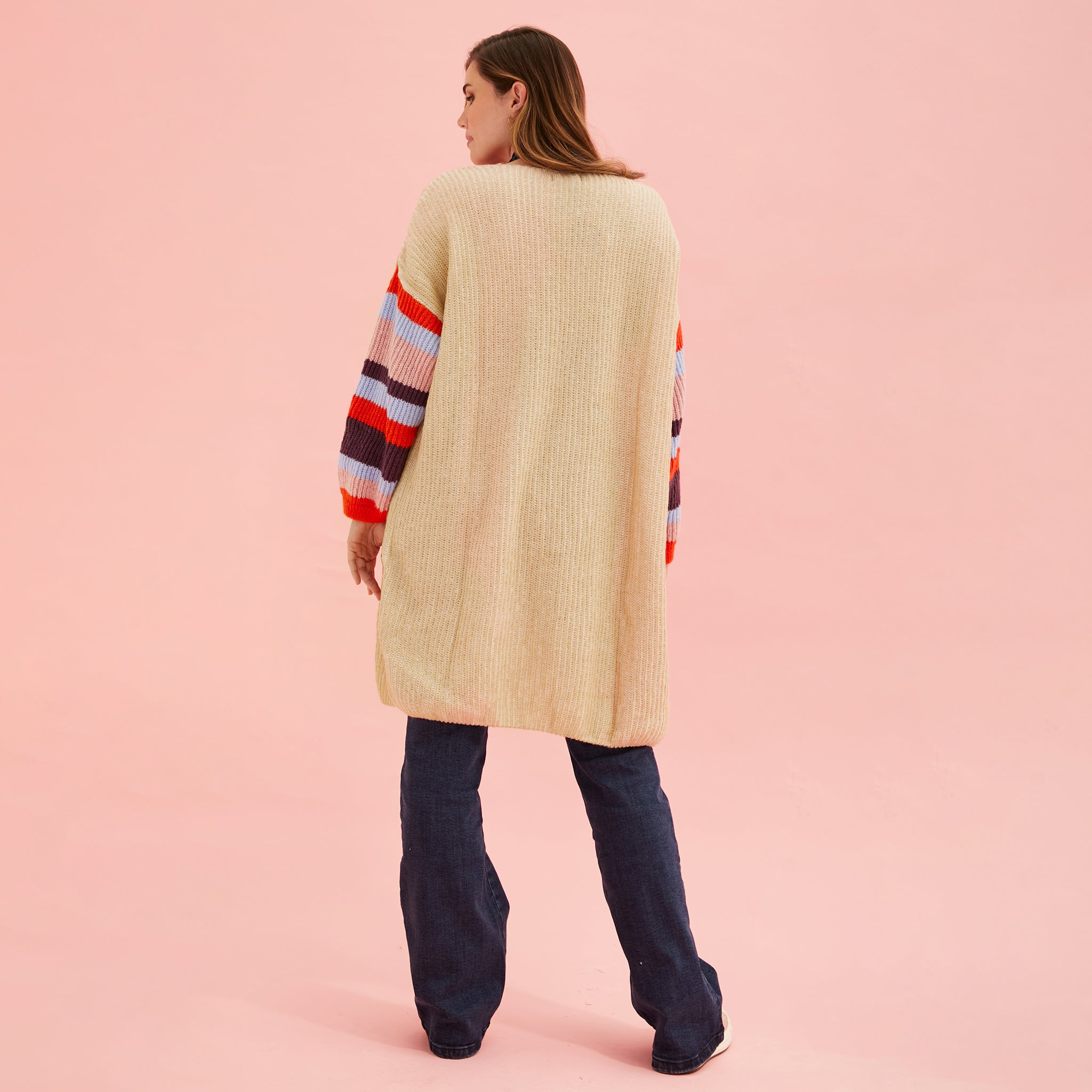 Suzie Stripe Sleeve Midi Knit Cardigan Biscuit - Main Image