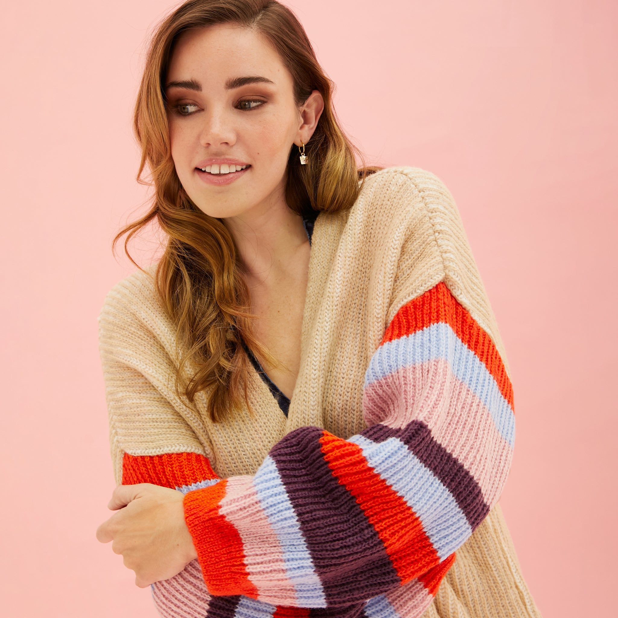 Suzie Stripe Sleeve Midi Knit Cardigan - Biscuit | Cara & The Sky