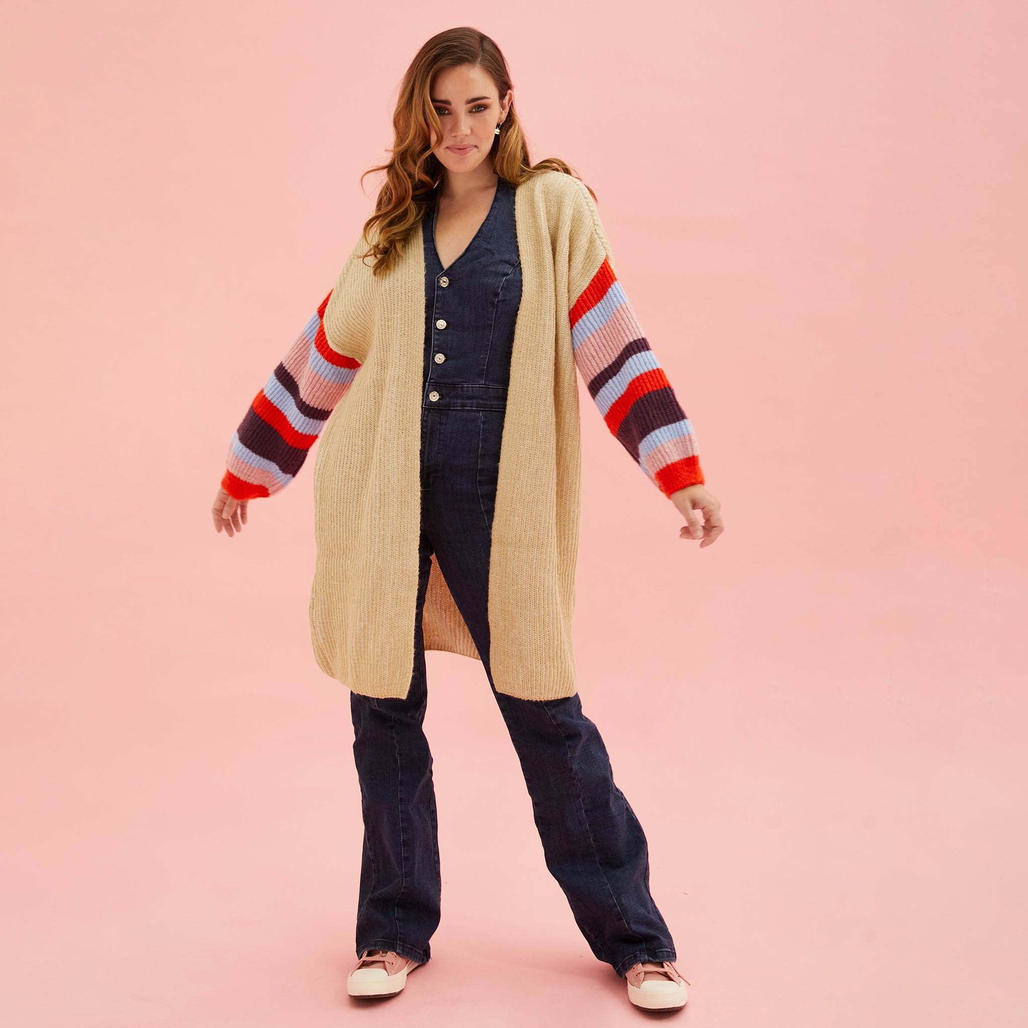 Suzie Stripe Sleeve Midi Knit Cardigan Biscuit